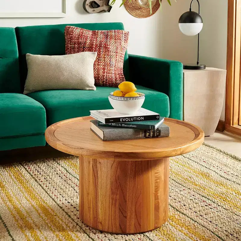 Table basse ronde, style rustique ferme, finition placage bois