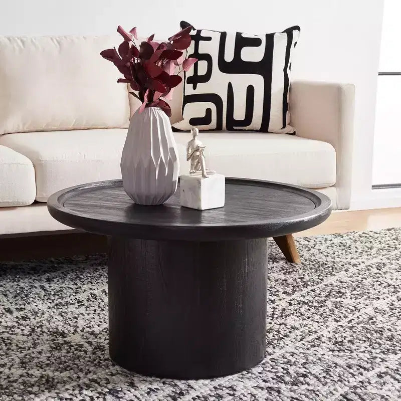 Table basse ronde, style rustique ferme, finition placage bois