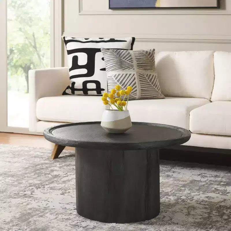 Table basse ronde, style rustique ferme, finition placage bois