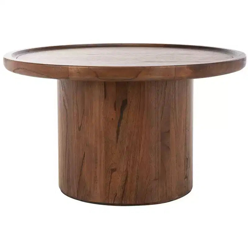 Table basse ronde, style rustique ferme, finition placage bois