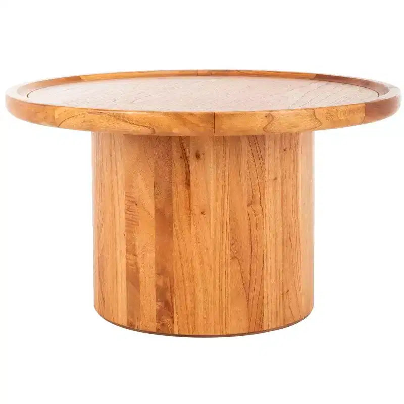 Table basse ronde, style rustique ferme, finition placage bois