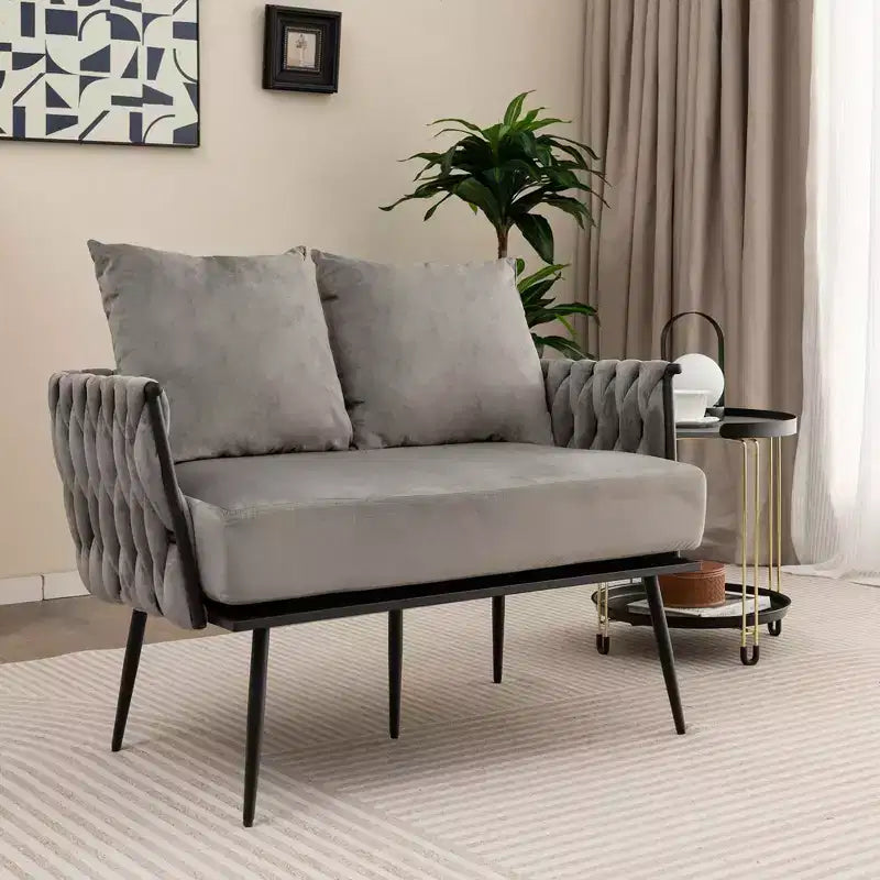Causeuse moderne, velours hollandais avec dossier et accoudoirs tissés, capacité de 158 kg, vert/gris