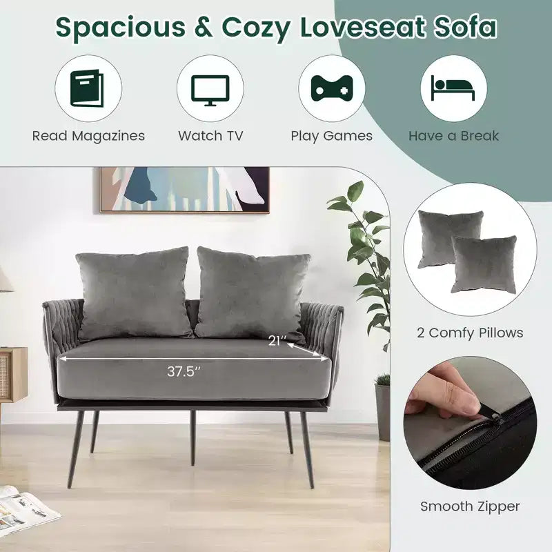 Causeuse moderne, velours hollandais avec dossier et accoudoirs tissés, capacité de 158 kg, vert/gris