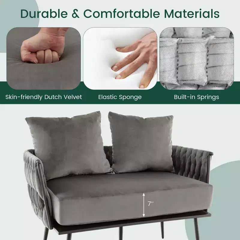 Causeuse moderne, velours hollandais avec dossier et accoudoirs tissés, capacité de 158 kg, vert/gris