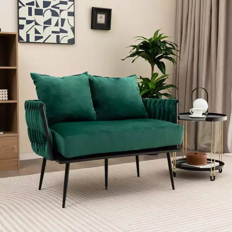 Causeuse moderne, velours hollandais avec dossier et accoudoirs tissés, capacité de 158 kg, vert/gris