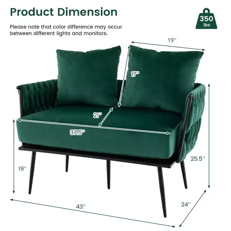 Causeuse moderne, velours hollandais avec dossier et accoudoirs tissés, capacité de 158 kg, vert/gris