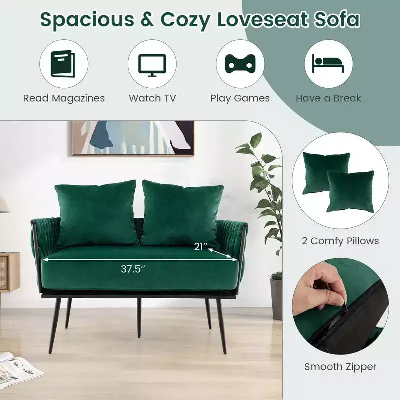 Causeuse moderne, velours hollandais avec dossier et accoudoirs tissés, capacité de 158 kg, vert/gris
