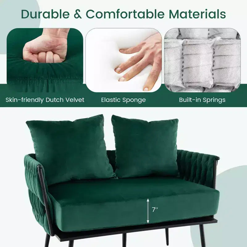 Causeuse moderne, velours hollandais avec dossier et accoudoirs tissés, capacité de 158 kg, vert/gris