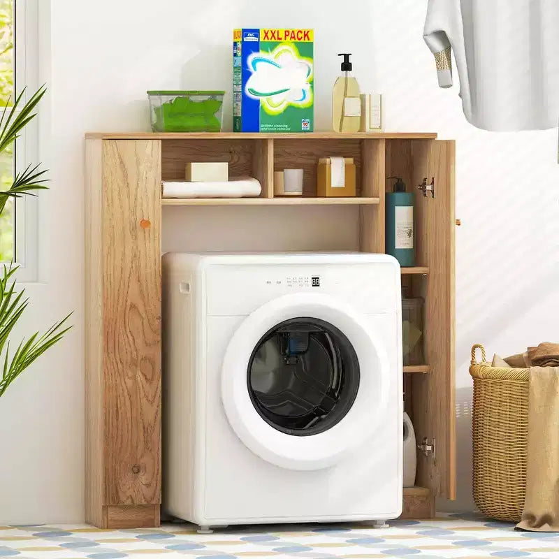 Meuble de rangement pour WC avec double porte, 4 étagères réglables, naturel/blanc