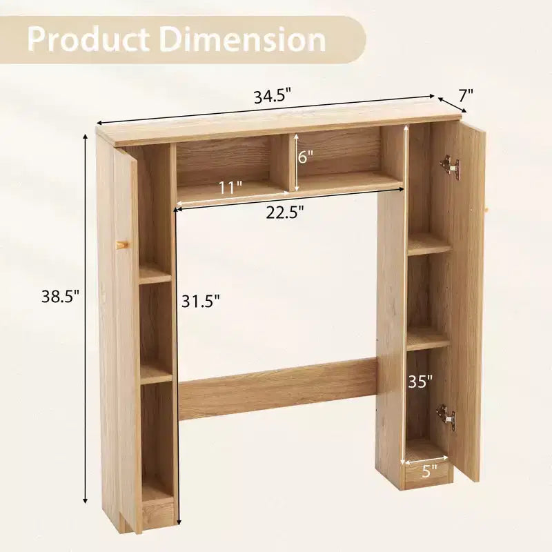 Meuble de rangement pour WC avec double porte, 4 étagères réglables, naturel/blanc