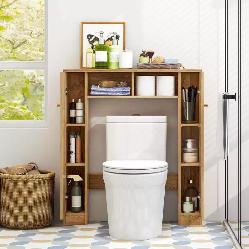 Meuble de rangement pour WC avec double porte, 4 étagères réglables, naturel/blanc
