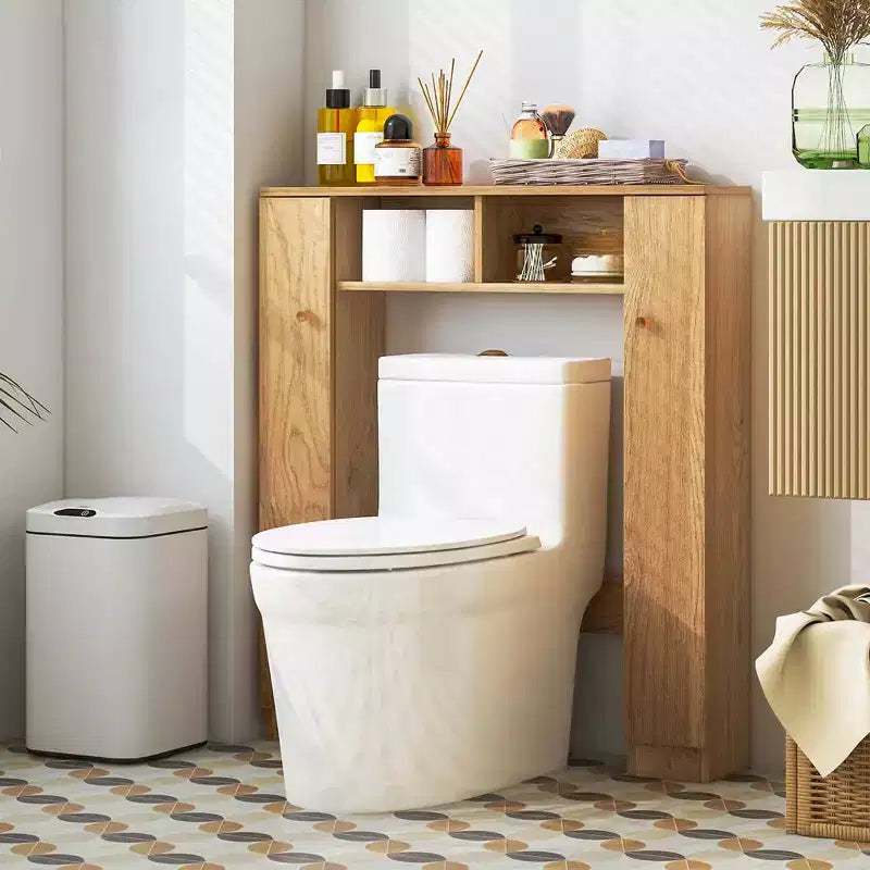 Meuble de rangement pour WC avec double porte, 4 étagères réglables, naturel/blanc