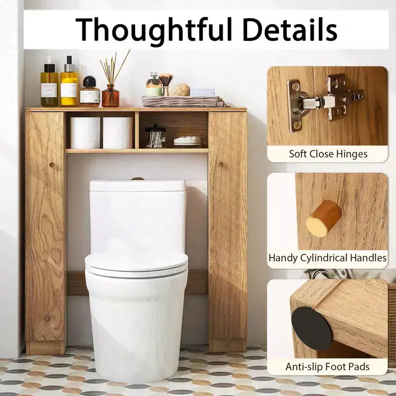 Meuble de rangement pour WC avec double porte, 4 étagères réglables, naturel/blanc