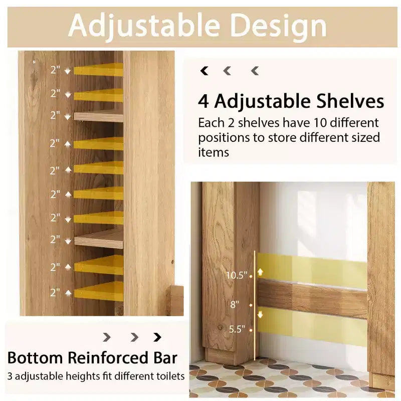 Meuble de rangement pour WC avec double porte, 4 étagères réglables, naturel/blanc