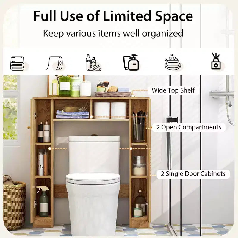 Meuble de rangement pour WC avec double porte, 4 étagères réglables, naturel/blanc