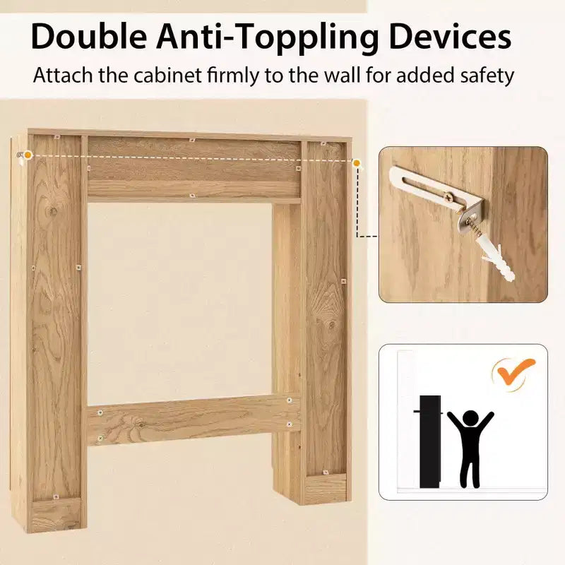 Meuble de rangement pour WC avec double porte, 4 étagères réglables, naturel/blanc