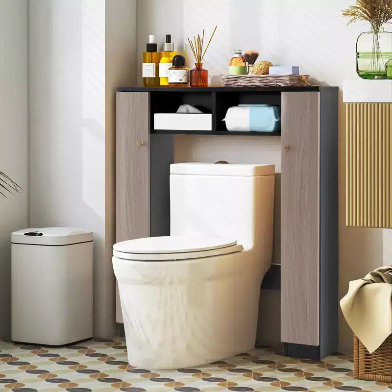Meuble de rangement pour WC avec double porte, 4 étagères réglables, naturel/blanc