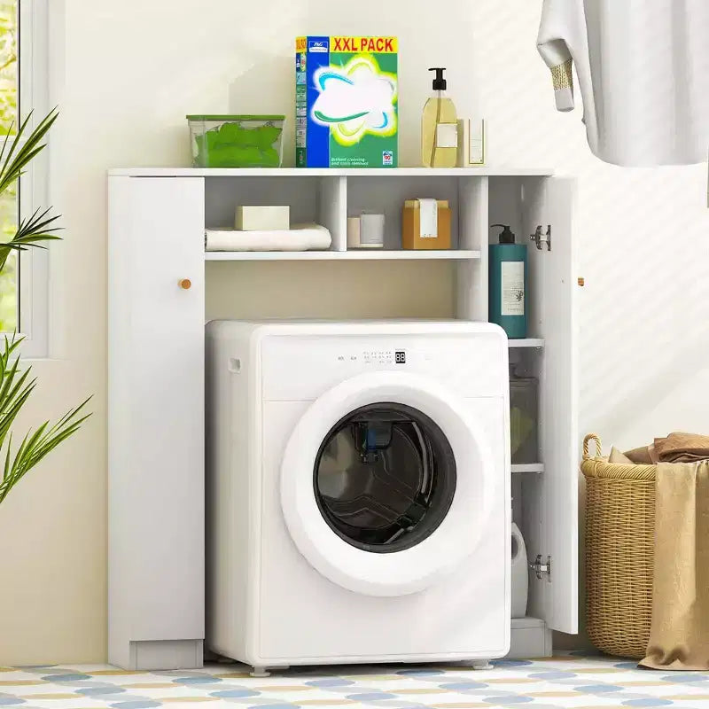 Meuble de rangement pour WC avec double porte, 4 étagères réglables, naturel/blanc