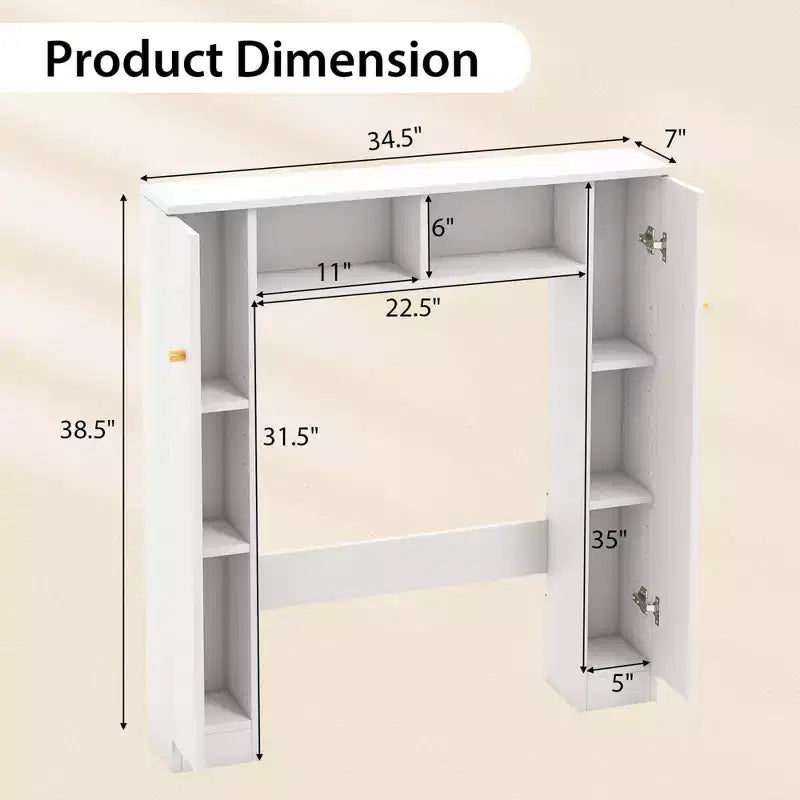 Meuble de rangement pour WC avec double porte, 4 étagères réglables, naturel/blanc