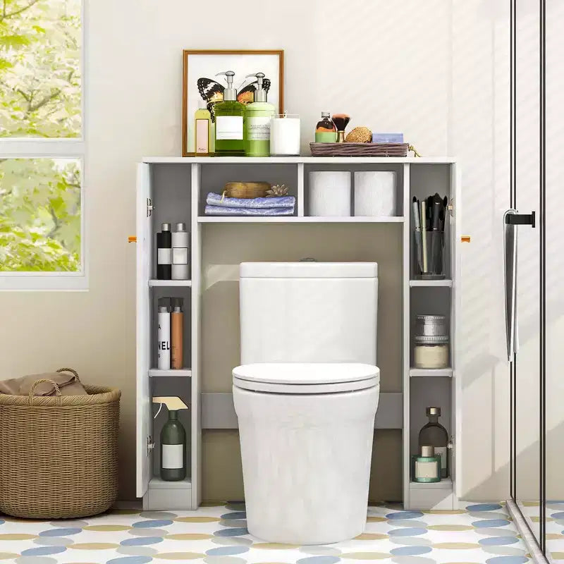 Meuble de rangement pour WC avec double porte, 4 étagères réglables, naturel/blanc