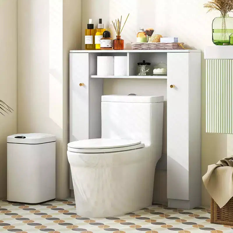 Meuble de rangement pour WC avec double porte, 4 étagères réglables, naturel/blanc