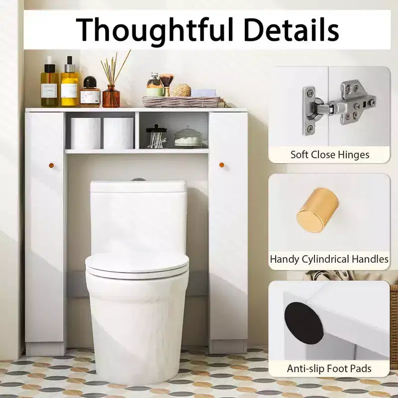 Meuble de rangement pour WC avec double porte, 4 étagères réglables, naturel/blanc
