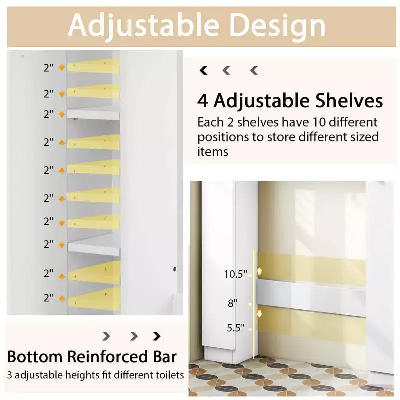 Meuble de rangement pour WC avec double porte, 4 étagères réglables, naturel/blanc