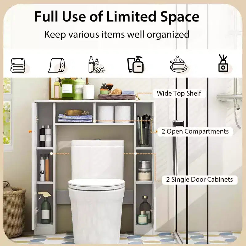 Meuble de rangement pour WC avec double porte, 4 étagères réglables, naturel/blanc