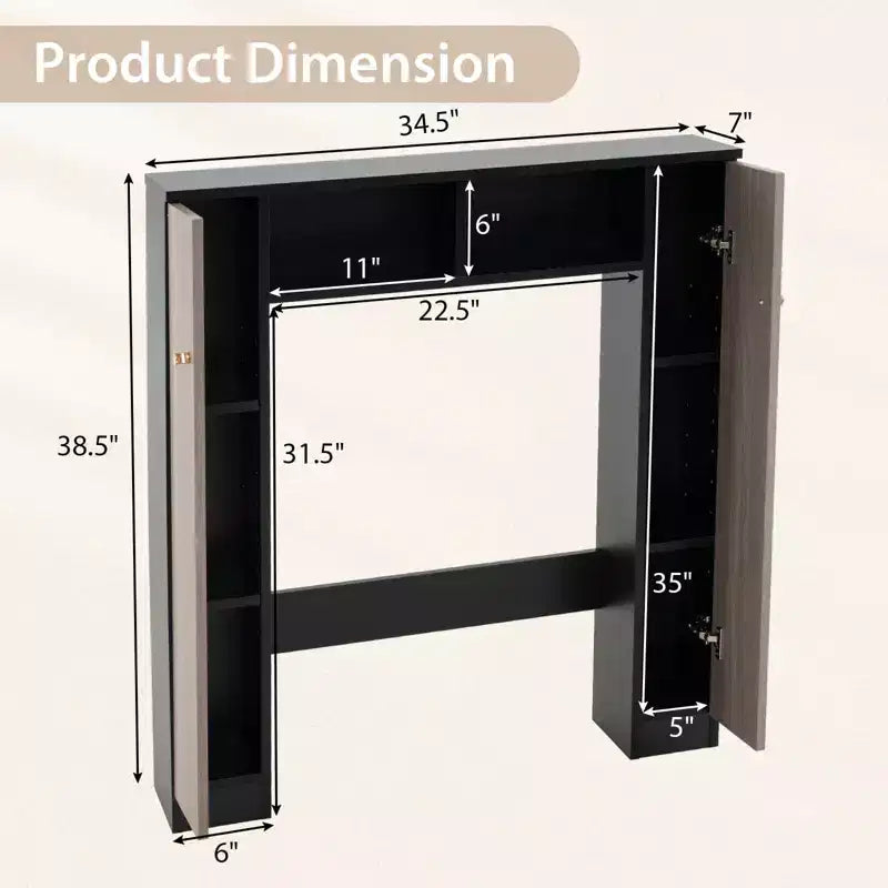 Meuble de rangement pour WC avec double porte, 4 étagères réglables, naturel/blanc