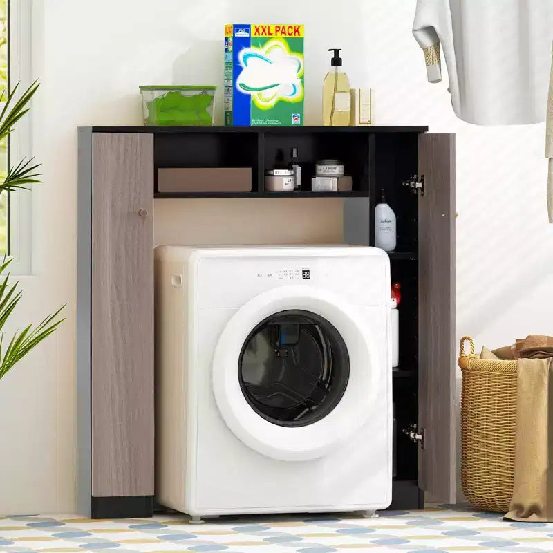 Meuble de rangement pour WC avec double porte, 4 étagères réglables, naturel/blanc