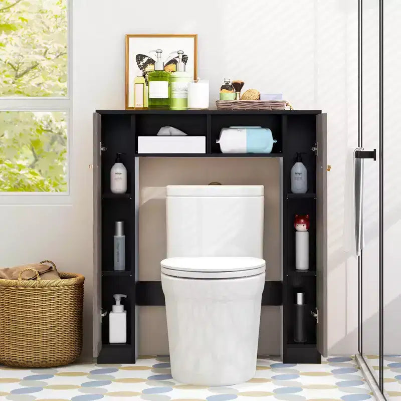 Meuble de rangement pour WC avec double porte, 4 étagères réglables, naturel/blanc
