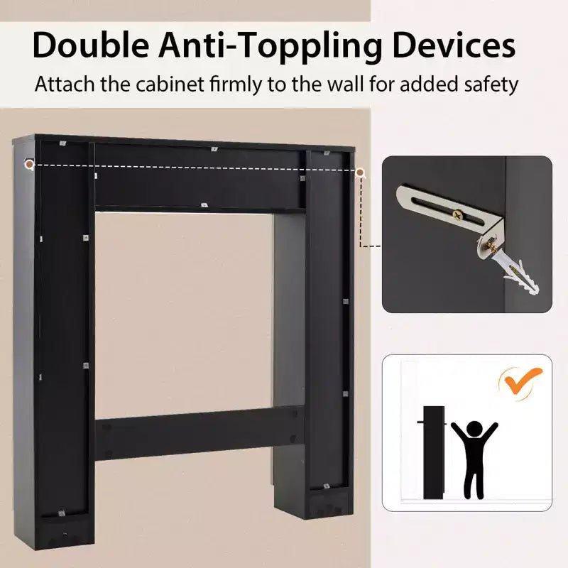 Meuble de rangement pour WC avec double porte, 4 étagères réglables, naturel/blanc
