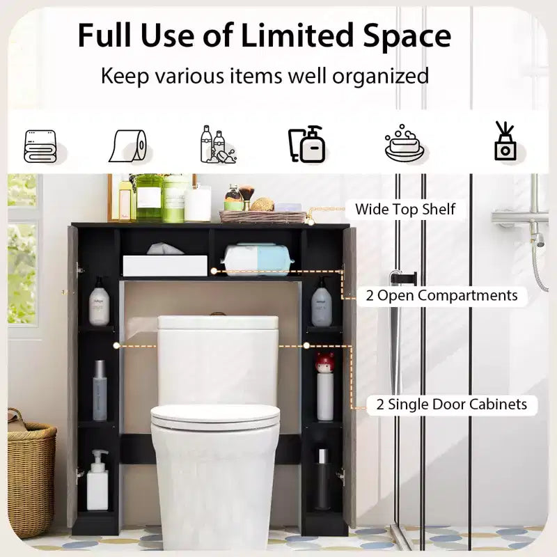 Meuble de rangement pour WC avec double porte, 4 étagères réglables, naturel/blanc