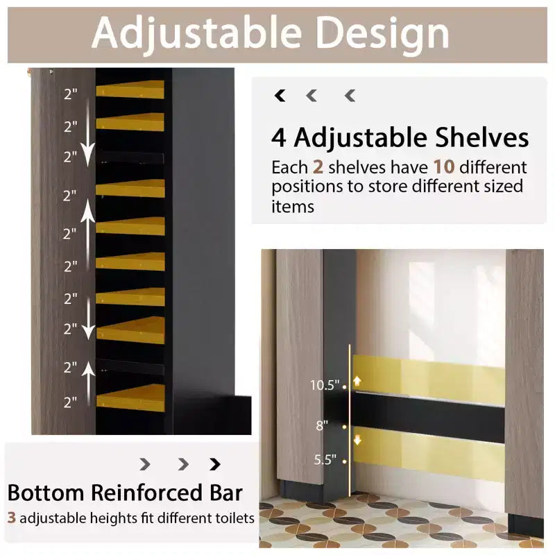 Meuble de rangement pour WC avec double porte, 4 étagères réglables, naturel/blanc