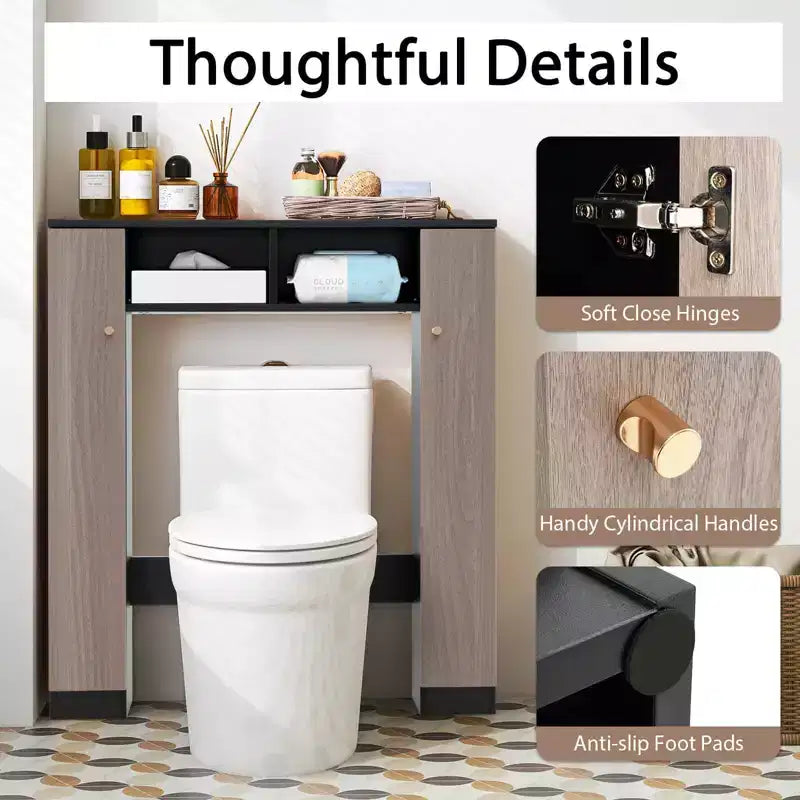 Meuble de rangement pour WC avec double porte, 4 étagères réglables, naturel/blanc