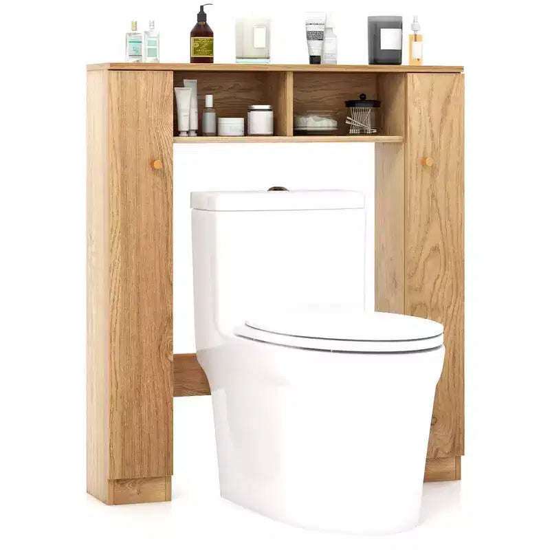 Meuble de rangement pour WC avec double porte, 4 étagères réglables, naturel/blanc