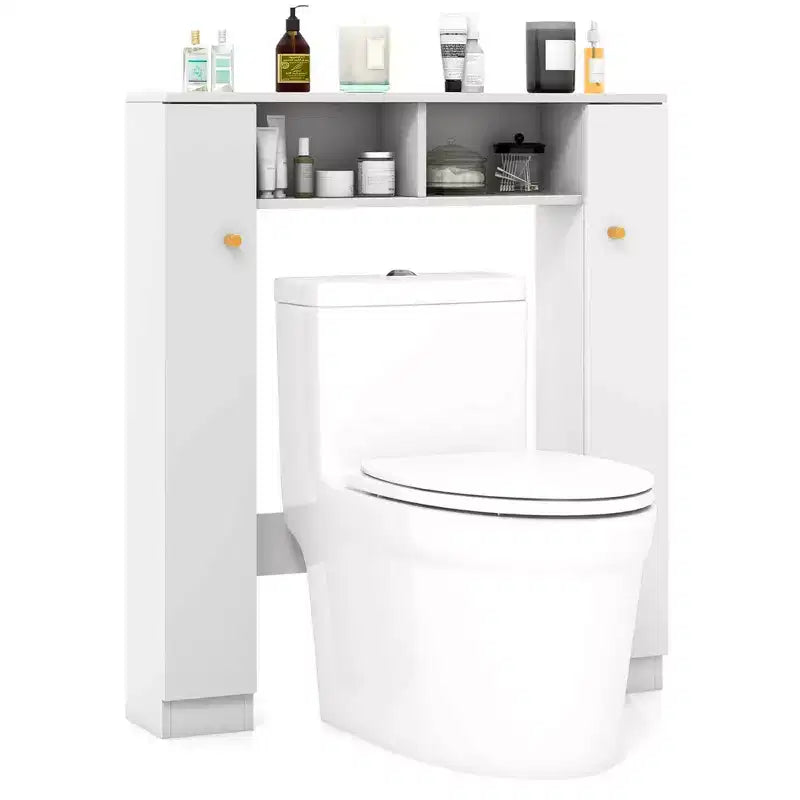 Meuble de rangement pour WC avec double porte, 4 étagères réglables, naturel/blanc