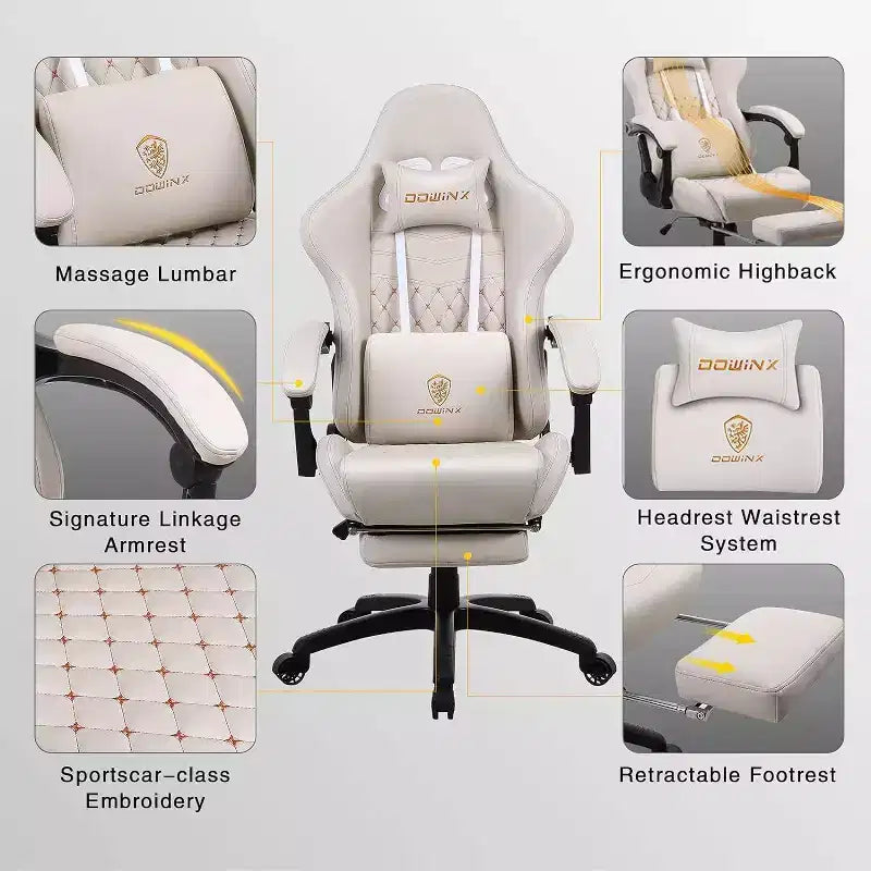 Chaise de jeu avec support lombaire massant et repose-pieds rétractable, en cuir, capacité de 136 kg
