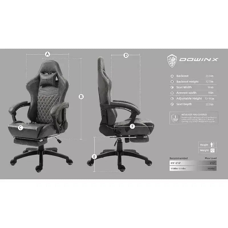 Chaise de jeu avec support lombaire massant et repose-pieds rétractable, en cuir, capacité de 136 kg