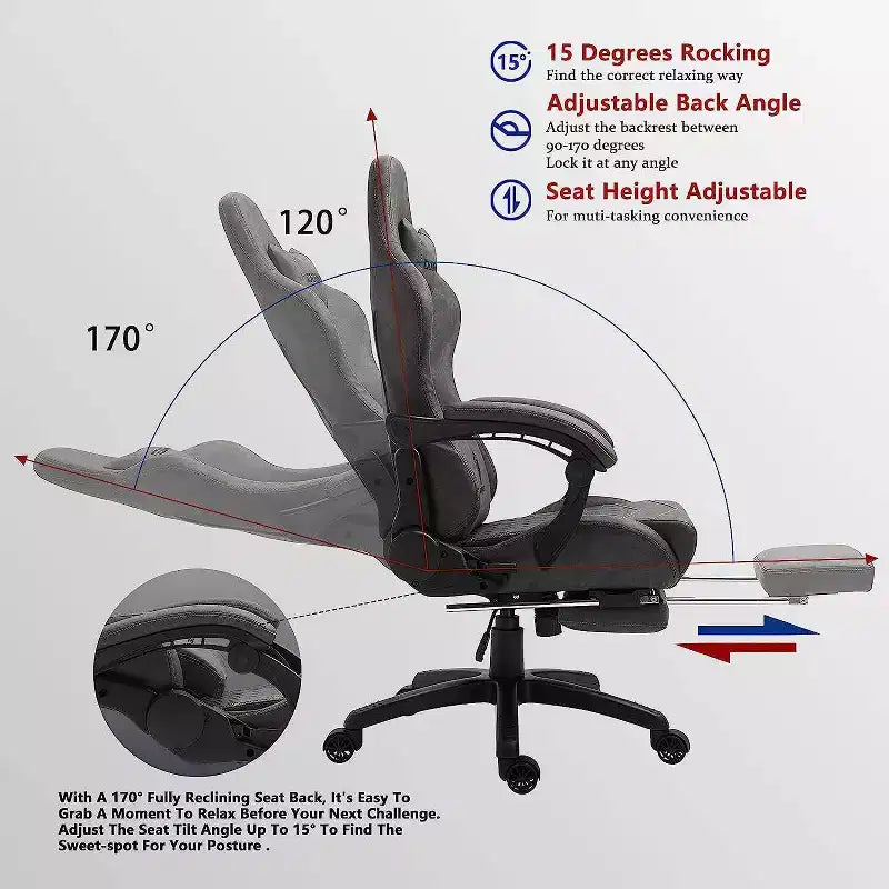 Chaise de jeu avec support lombaire massant et repose-pieds rétractable, en cuir, capacité de 136 kg
