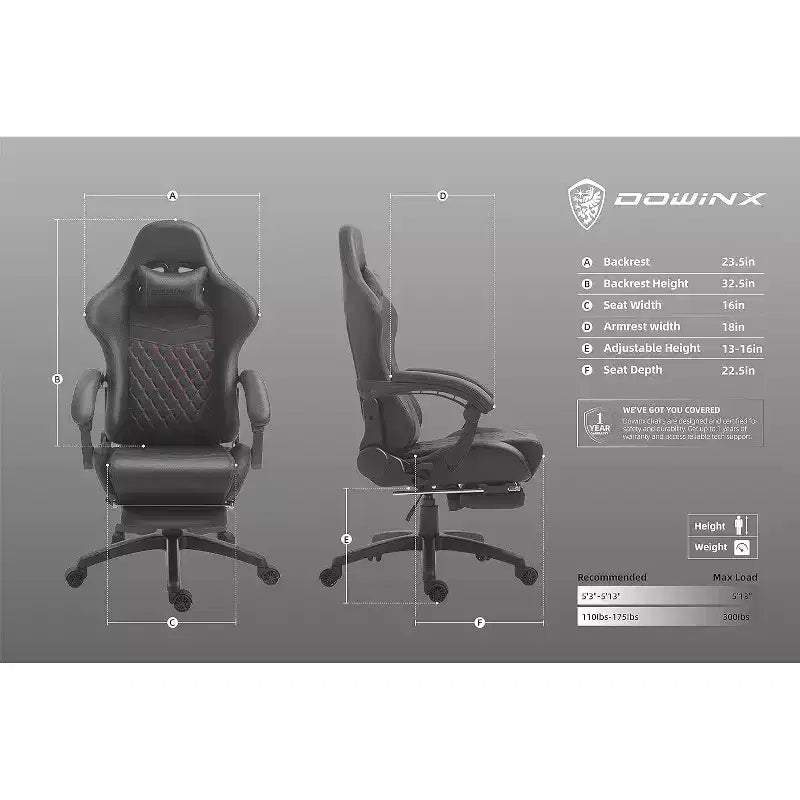 Chaise de jeu avec support lombaire massant et repose-pieds rétractable, en cuir, capacité de 136 kg
