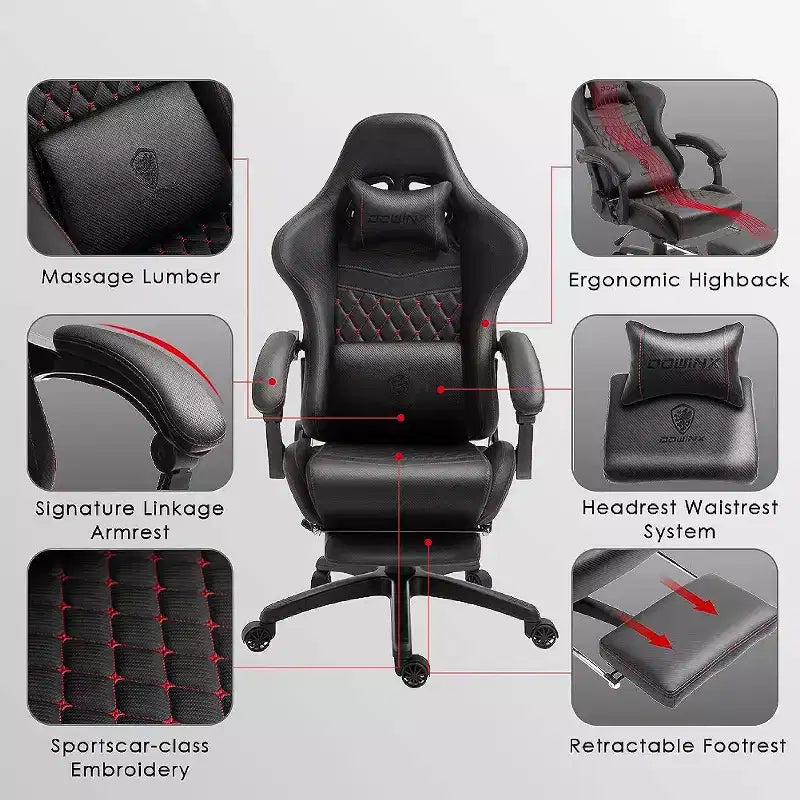 Chaise de jeu avec support lombaire massant et repose-pieds rétractable, en cuir, capacité de 136 kg