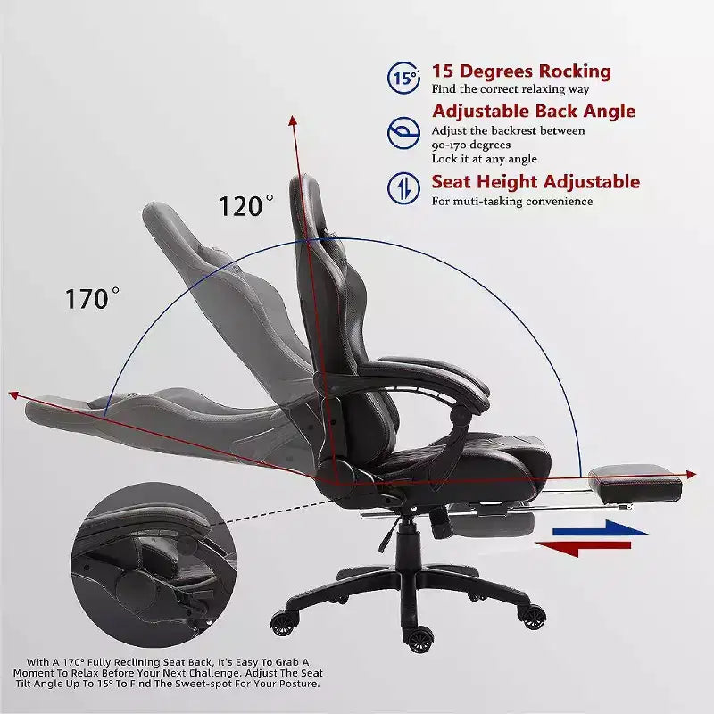 Chaise de jeu avec support lombaire massant et repose-pieds rétractable, en cuir, capacité de 136 kg