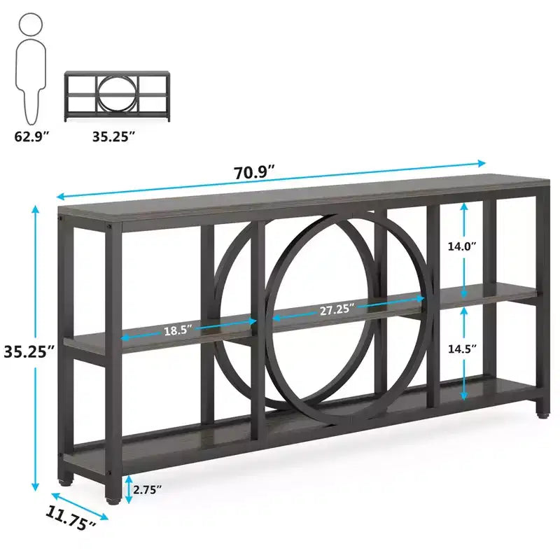 Console longue 3 niveaux de 70,9 po, style industriel rustique, brun et noir