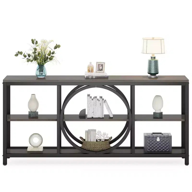 Console longue 3 niveaux de 70,9 po, style industriel rustique, brun et noir
