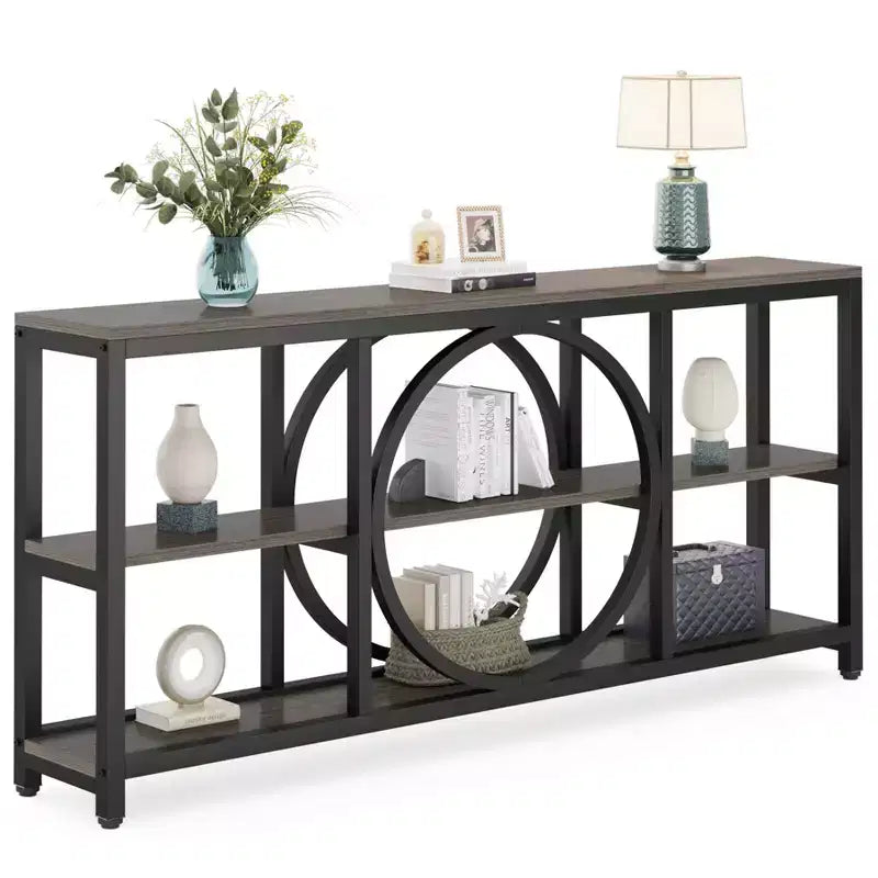 Console longue 3 niveaux de 70,9 po, style industriel rustique, brun et noir