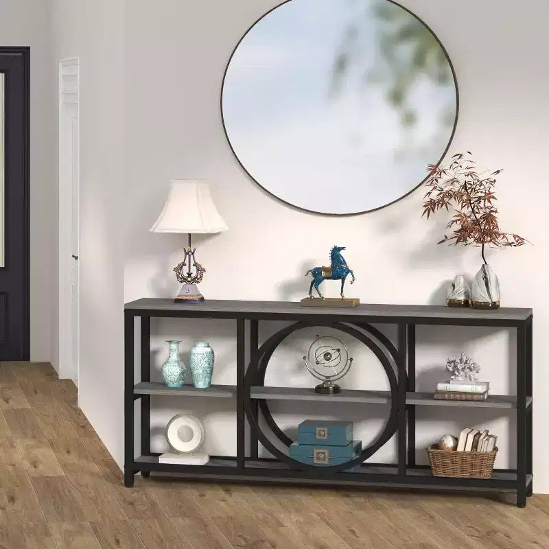 Console longue 3 niveaux de 70,9 po, style industriel rustique, brun et noir