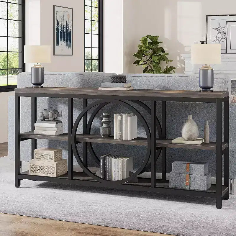 Console longue 3 niveaux de 70,9 po, style industriel rustique, brun et noir