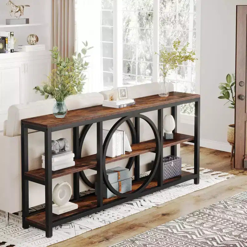Console longue 3 niveaux de 70,9 po, style industriel rustique, brun et noir