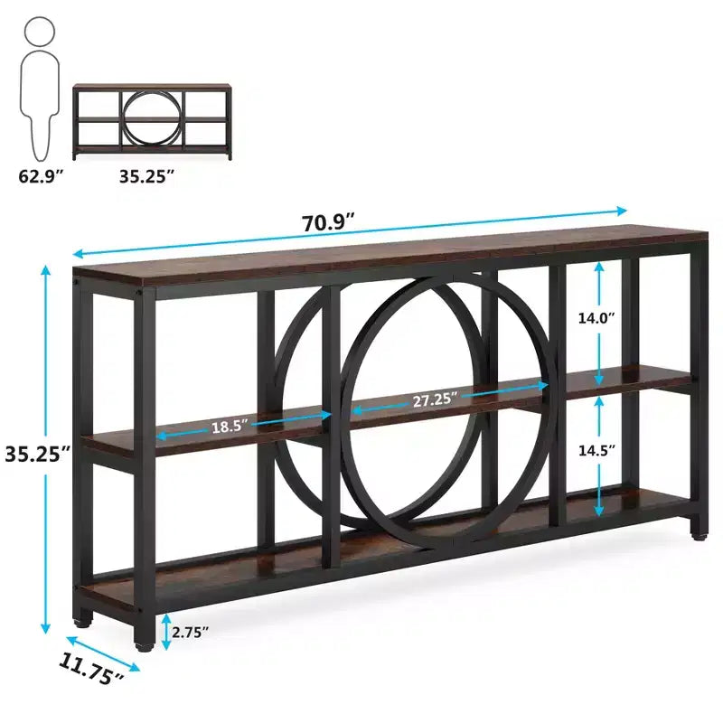 Console longue 3 niveaux de 70,9 po, style industriel rustique, brun et noir